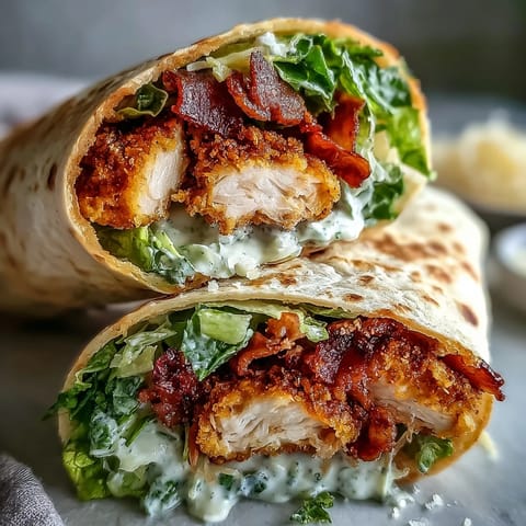 Golden-brown crispy chicken thighs and smoky bacon fill a soft flour tortilla with Caesar salad.