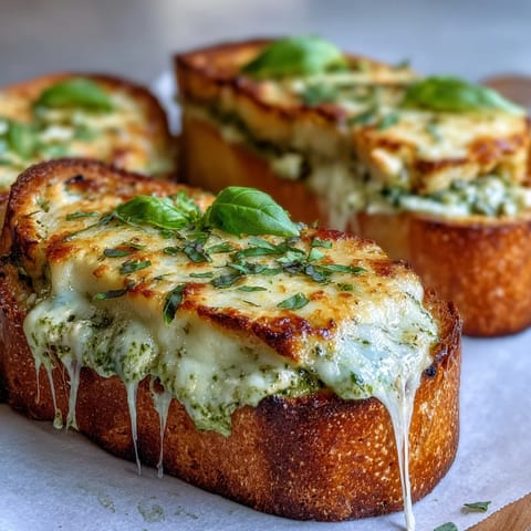 Golden, toasted Pesto Chicken Garlic Bread Boats filled with bubbly mozzarella and fresh basil on a serving plate.