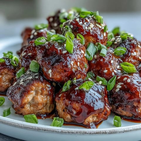Oven-baked Spicy Chili Honey Turkey Meatballs glazed in a sweet, spicy sauce, garnished with green onions for an easy appetizer.