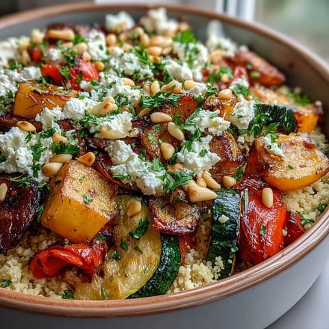 A close-up view of Roasted Veggie & Feta Couscous Bake garnished with fresh parsley and pine nuts.