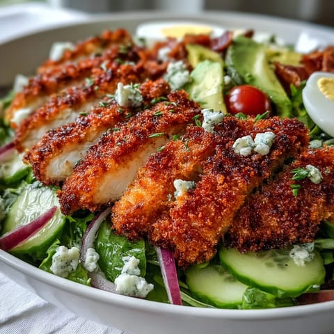 Freshly sliced oven-baked chicken thighs top a colorful Cobb salad with eggs, avocado, and tomatoes for a hearty dinner.