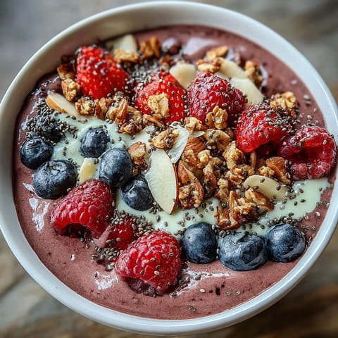 A vibrant Berry Greek Yogurt Smoothie Bowl with chia seeds, topped with fresh berries, crunchy granola, and coconut flakes for a refreshing breakfast.