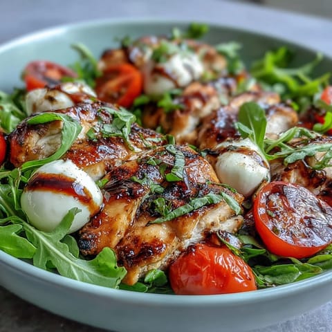 Balsamic Reduction Caprese Bowls: Vibrant chicken and mozzarella salad with cherry tomatoes, basil, and a sweet-tangy balsamic glaze.  