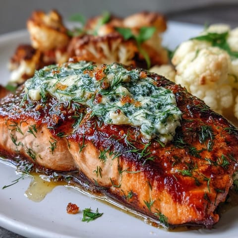 Herb butter salmon with roasted cauliflower, offering rich flavors and a low-carb, satisfying meal.