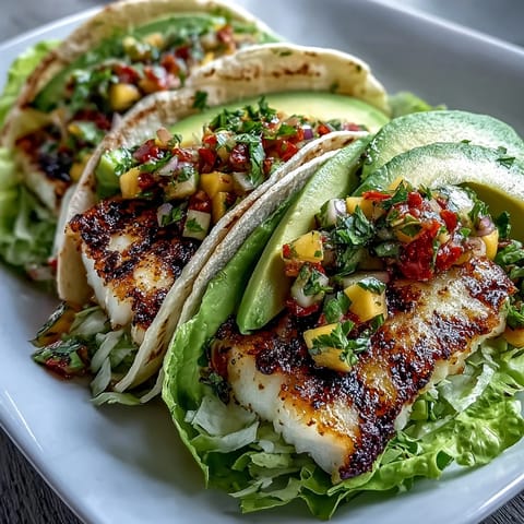 Fresh grilled fish tacos nestled in crisp lettuce shells and topped with a colorful mango salsa — a healthy, gluten-free Mexican-inspired meal.
