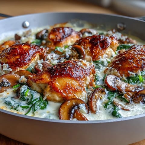 One-pan chicken skillet dish featuring tender mushrooms, wilted spinach, and luscious keto-friendly cream sauce.  