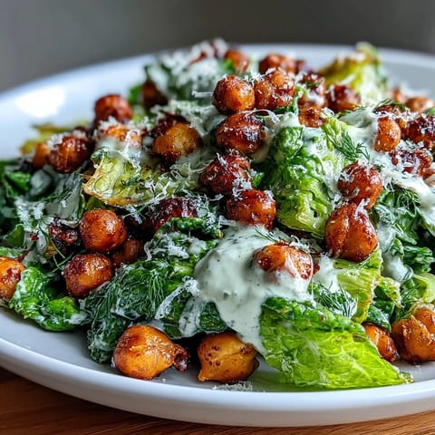 Plant-based Caesar salad featuring crunchy roasted chickpeas and a dairy-free cashew dressing for a satisfying meal.  