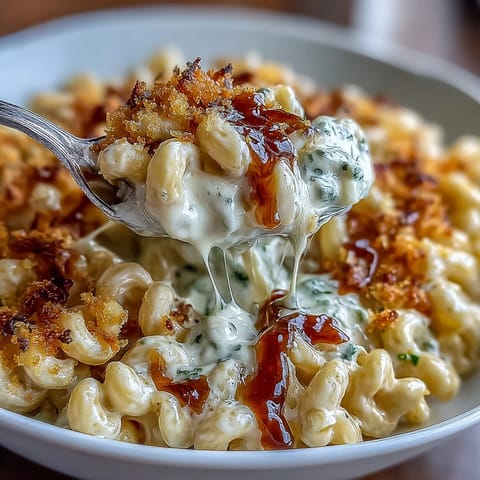 Creamy macaroni and cheese baked with four cheeses, finished with shaved black truffle and truffle oil for an indulgent gourmet dish.