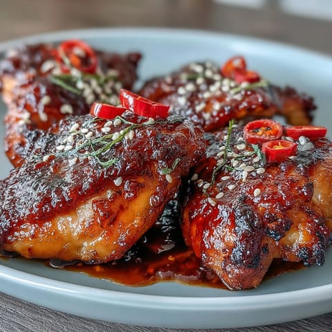 Golden-brown chicken thighs coated in chili jam glaze, delivering a caramelized finish with bold, sweet-heat notes.