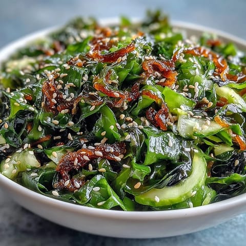 Vibrant seaweed salad with crispy nori, mixed greens, and zesty ginger-soy dressing.