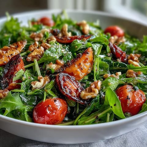 Fresh spring greens salad with honey mustard dressing, topped with cucumber, cherry tomatoes, and toasted walnuts for crunch.