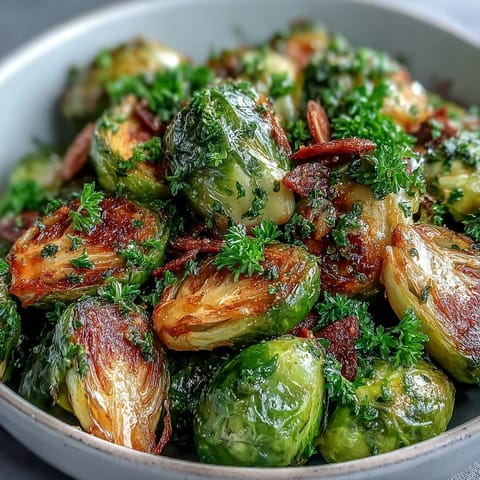 Vibrant roasted Brussels sprouts tossed with lemon zest, herbs, and crunchy almonds for a fresh, healthy side dish.