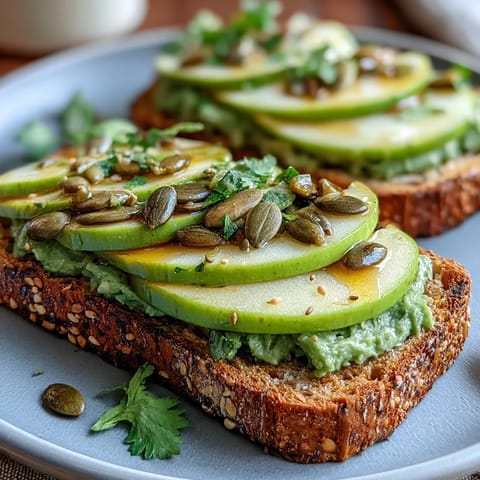 Avocado and Green Apple Breakfast Toast with Pumpkin Seeds - a colorful, nutrient-packed morning meal with creamy avocado, crisp green apple slices, and crunchy pumpkin seeds on whole grain bread.