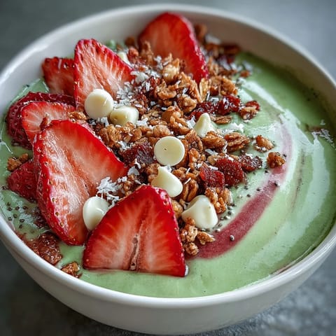 A vibrant smoothie bowl with layers of creamy strawberry base and earthy matcha, topped with fresh strawberries and crunchy granola.