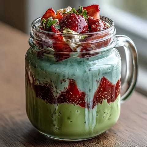Strawberry Matcha Latte Overnight Oats in mason jars with vibrant red strawberries and green matcha layers, perfect for a healthy breakfast on the go.  