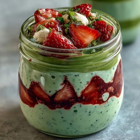 Creamy overnight oats layered with fresh strawberries and earthy matcha, served in glass jars for a visually stunning and nourishing morning meal.  