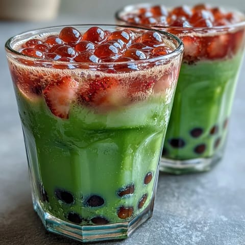 Strawberry matcha boba-inspired drink with vibrant red strawberry layer and creamy green matcha milk, served with chewy tapioca pearls.  