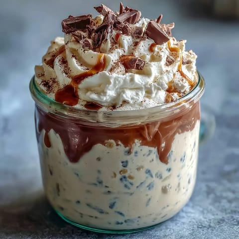 Creamy vanilla bean frappuccino overnight oats layered in a jar with whipped cream and chocolate shavings for a delightful breakfast or dessert treat.