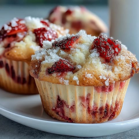 A golden muffin with juicy strawberry pieces and a tender crumb, perfect for breakfast or an afternoon snack.