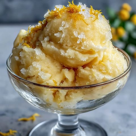 A vibrant limoncello sorbet with a bright citrus aroma, served in chilled glasses and garnished with fresh mint leaves.