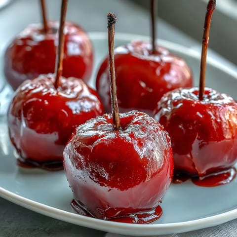 Shiny red candy apples with wooden sticks, perfect for parties and holiday celebrations.