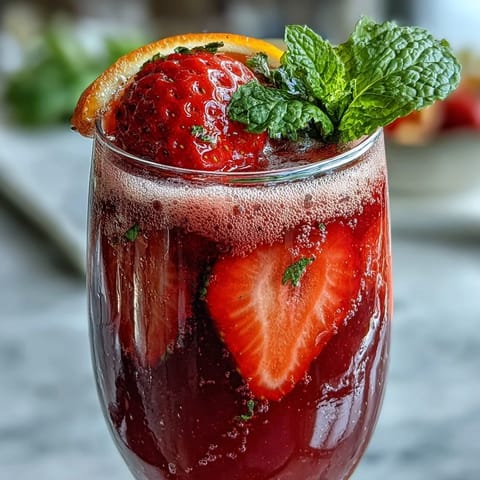 Vibrant strawberry mimosa mocktails with fresh strawberry slices and orange garnish, perfect for a festive Mother's Day brunch.