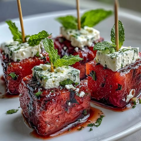 Watermelon Feta Skewers with Mint - colorful appetizer with juicy melon, creamy feta, and fresh mint on skewers.