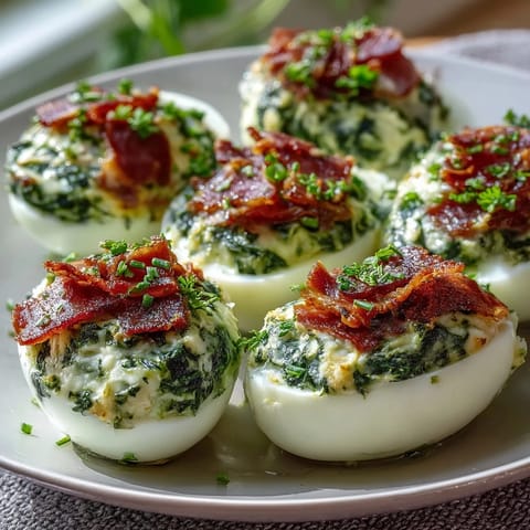 Bright green spinach and herb filling in classic deviled eggs, topped with crispy ham for a playful twist.