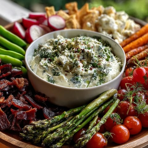 Spring Vegetable Board with Radishes, Peas, and Herb Dip arranged on a rustic wooden board, vibrant colors and fresh textures inviting a healthy bite.