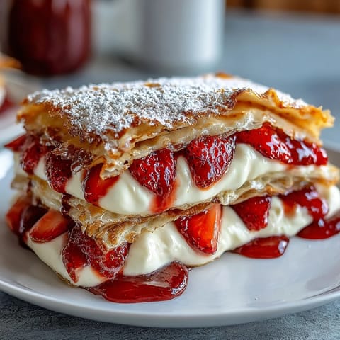 Layered strawberry crepe cake with fresh berries and vanilla cream filling, perfect for brunch or dessert.