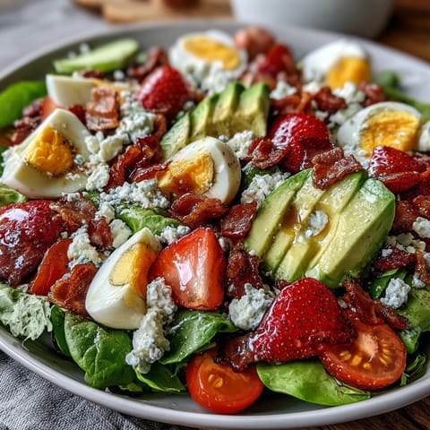 A colorful Spring Cobb Salad with Strawberries and Avocado features crisp veggies, hard-boiled eggs, and a honey balsamic dressing.