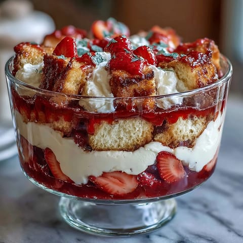 Layered Mothers Day Strawberry Shortcake Trifle with juicy strawberries and fluffy whipped cream in a glass bowl.