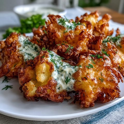 Crispy dandelion fritters with herb dipping sauce, golden and delicate, served on a rustic plate.  