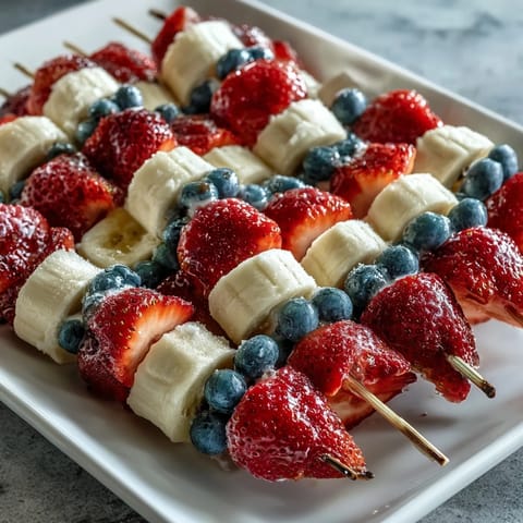 Festive Fourth of July fruit skewers with strawberries, bananas, and blueberries arranged in patriotic red, white, and blue pattern.