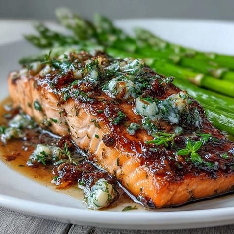 Garlic butter salmon fillets sizzle in a skillet, paired with bright green asparagus spears and lemon slices for a vibrant spring meal.
