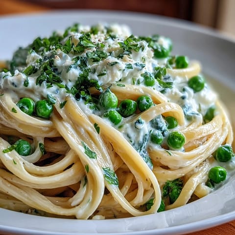 Spring Pasta: Ricotta and Lemon Linguine with Peas in a creamy sauce, bright with lemon zest and dotted with tender green peas.