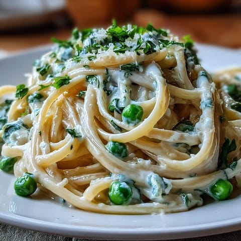 A light vegetarian linguine dish featuring ricotta cheese, fresh lemon juice, and vibrant peas, perfect for a spring dinner.