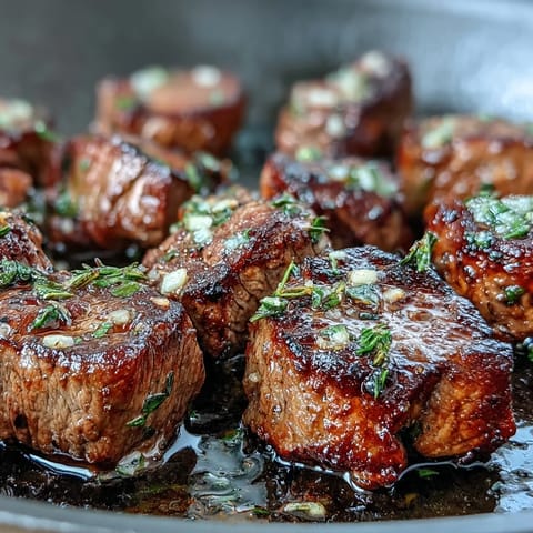 Juicy steak bites seared to golden perfection with garlic and fresh herbs, served hot from a single skillet for an easy summer dinner.