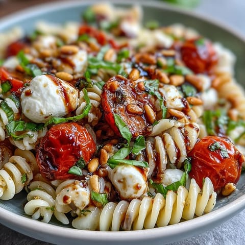 Vibrant Summer Pasta Salad with cherry tomatoes, fresh mozzarella, and fragrant basil leaves, perfect for warm-weather gatherings.