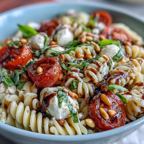 Creamy mozzarella and juicy tomatoes tossed with al dente pasta, finished with fresh basil and balsamic glaze for a refreshing Caprese-style salad.