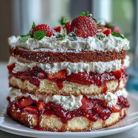 Naked Spring Cake with Strawberries and Cream, a light and airy dessert featuring fresh fruit and whipped topping.