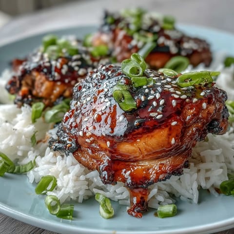 Aromatic honey garlic chicken thighs served over steaming jasmine rice with a glossy, savory-sweet glaze.