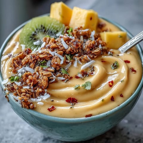 Vibrant mango chili lime smoothie bowl topped with tropical fruits, seeds, and granola.