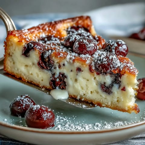 A rustic baked fresh cherry clafoutis sprinkled with powdered sugar.