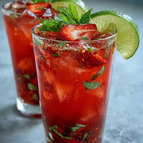 Cool, bubbly Strawberry Chili Limeade Mocktail ready to serve at your next summer party.