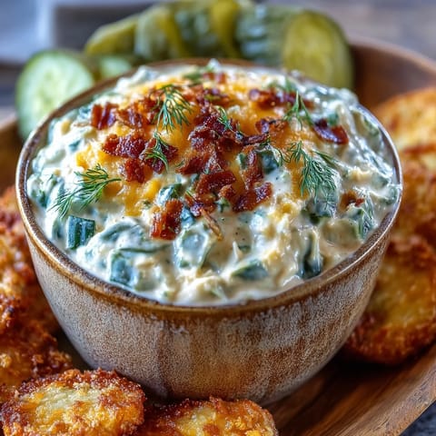 Tangy fried pickle dip with ranch, cream cheese, and crispy topping.