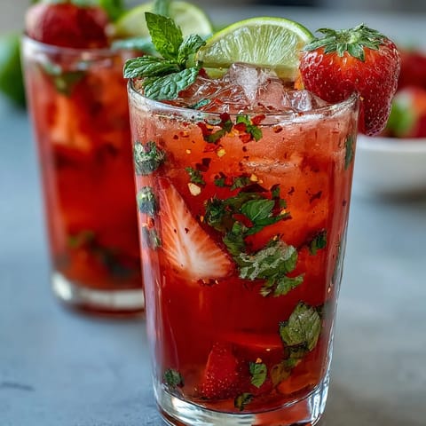 Refreshing Frugal Strawberry Chili Limeade Mocktail bursting with fresh berry and lime flavors.