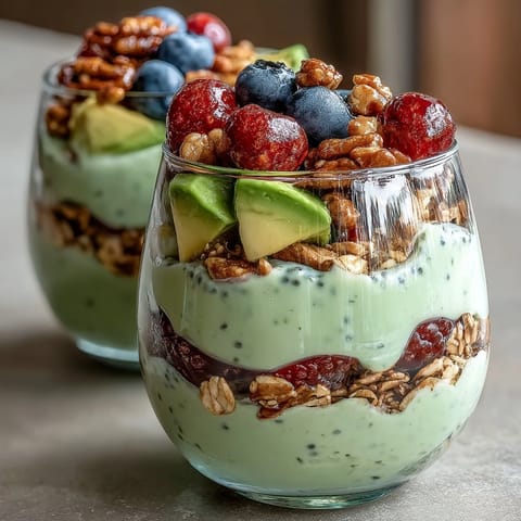 Creamy Fiber-Rich Avocado Chia Pudding Parfait with fresh berries and crunchy granola topping.
