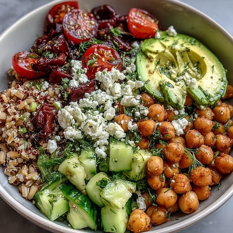 Hearty Ancient Grains Bowl featuring tender grains, fresh veggies, and zesty lemon dressing.