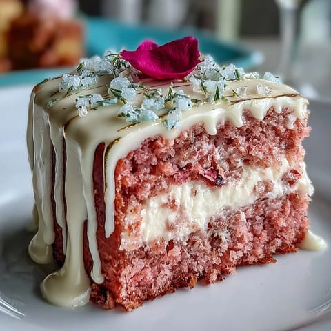 Elegant pink velvet cake drizzled with gold, perfect for a bridal shower celebration.